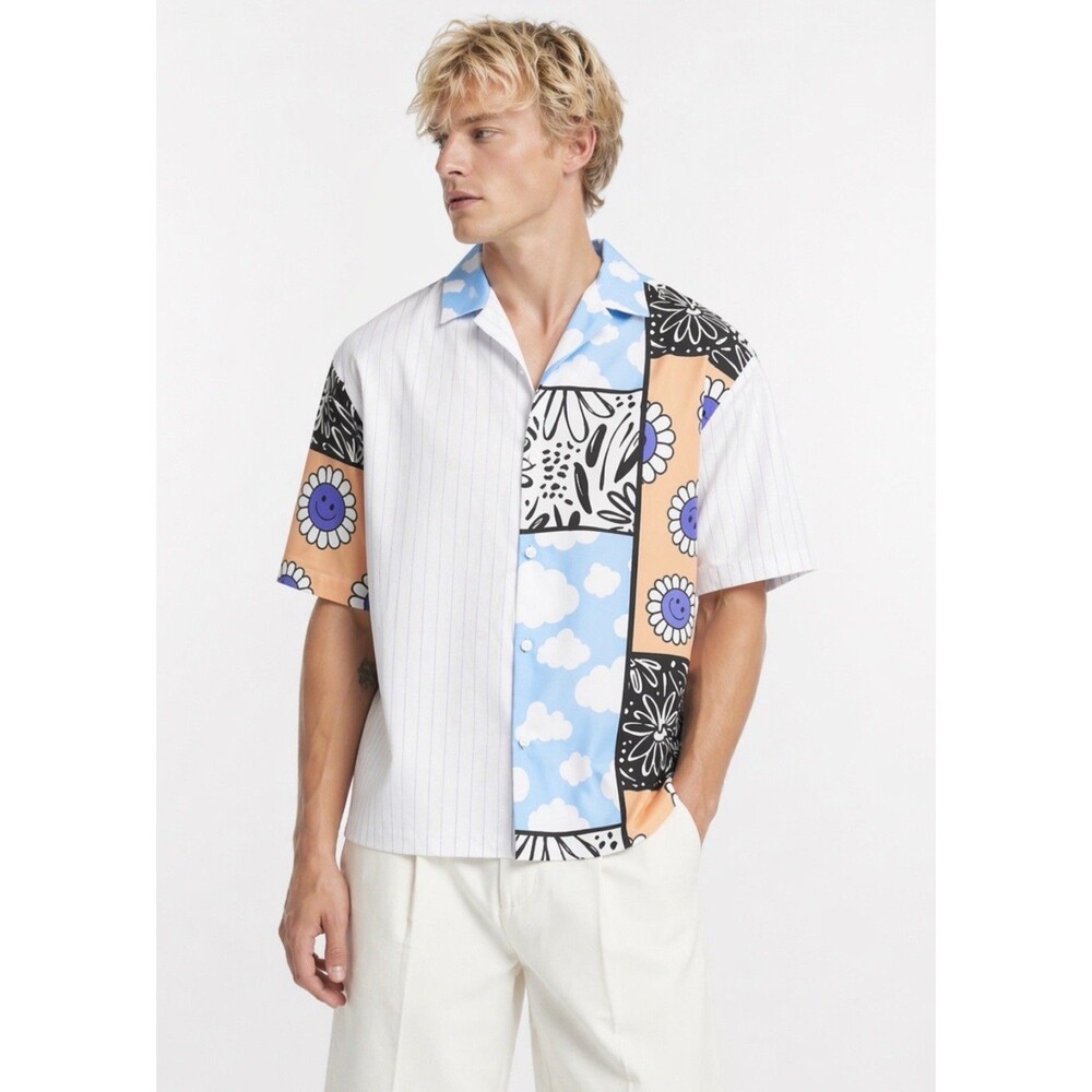Asos Design Multicolor Relaxed Revere Shirt 70s Abstract Floral Geo Print Sz L